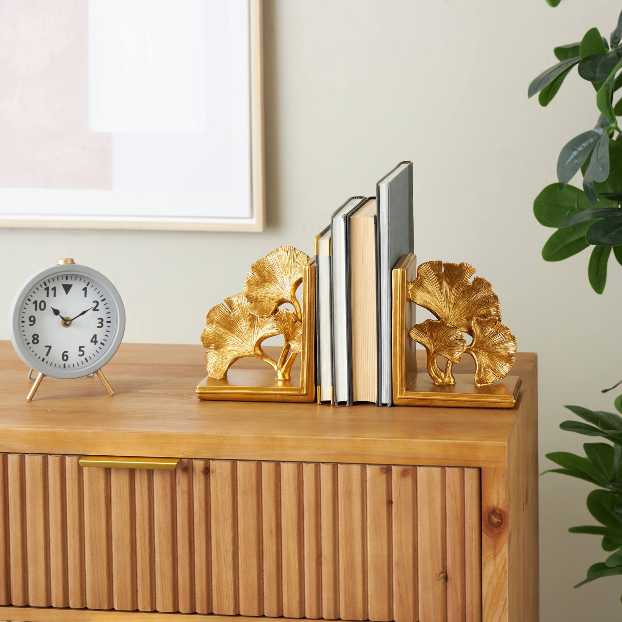 7.5" Gold Polystone Tree Ginkgo Decorative Bookends, 2ct.